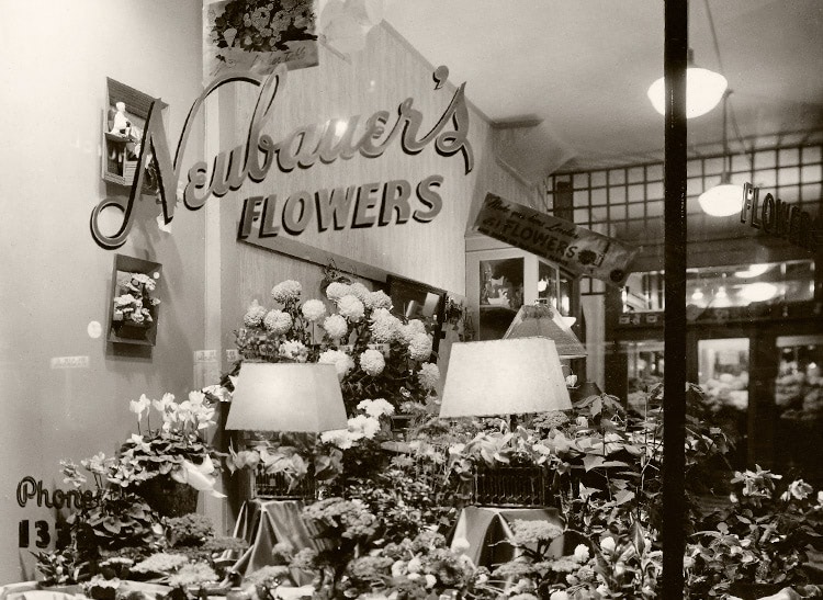 Our large picture window, with a classic version of the Neubauer's logo, circa 1930